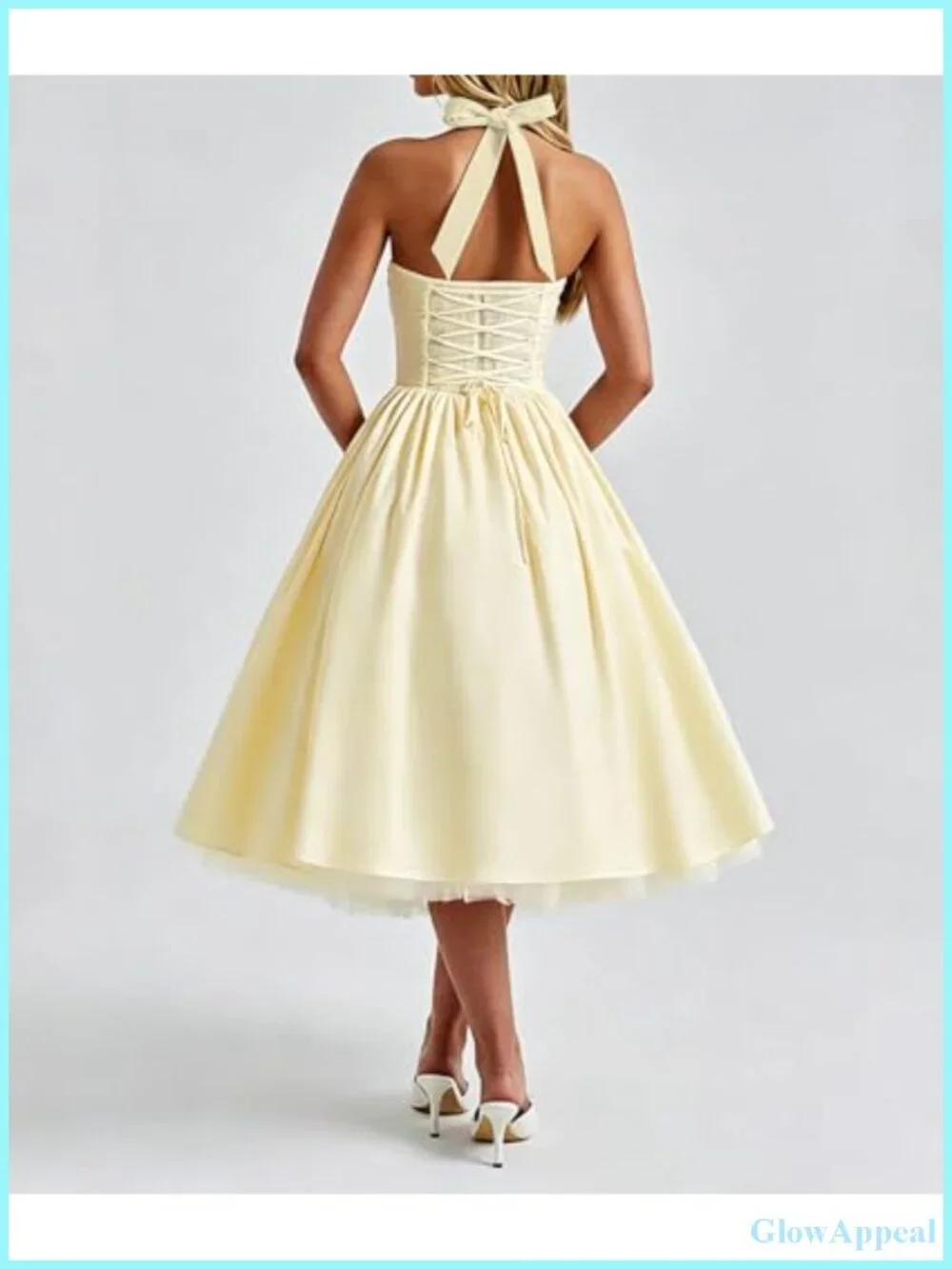 Halter Low Cut Sleeveless A Line Tulle Swing Flowy Tea Length Corset Prom